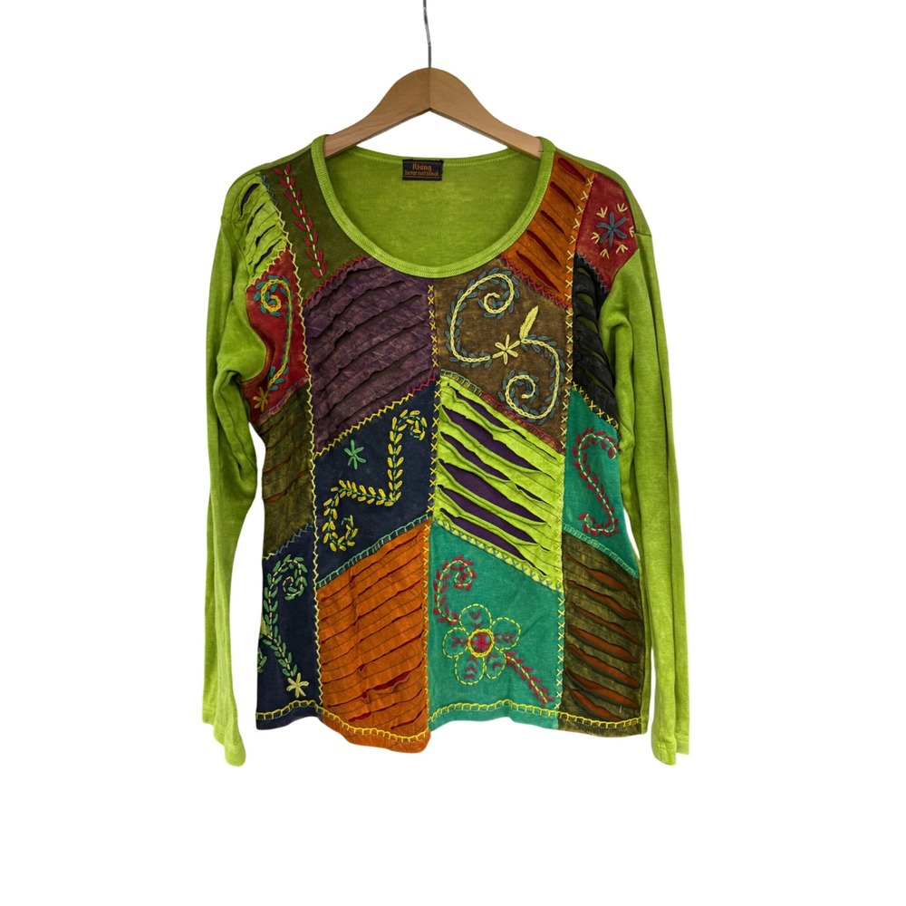 Rising International Patchwork Embroidered Boho Top Lime Green Cotton Large